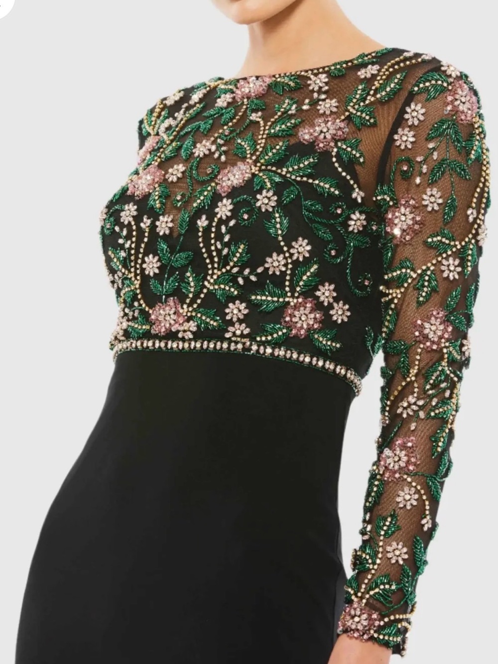 Mac Duggal Black Long Sleeve Gown with Green & Pink Floral Embroidery - Picture 2 of 3